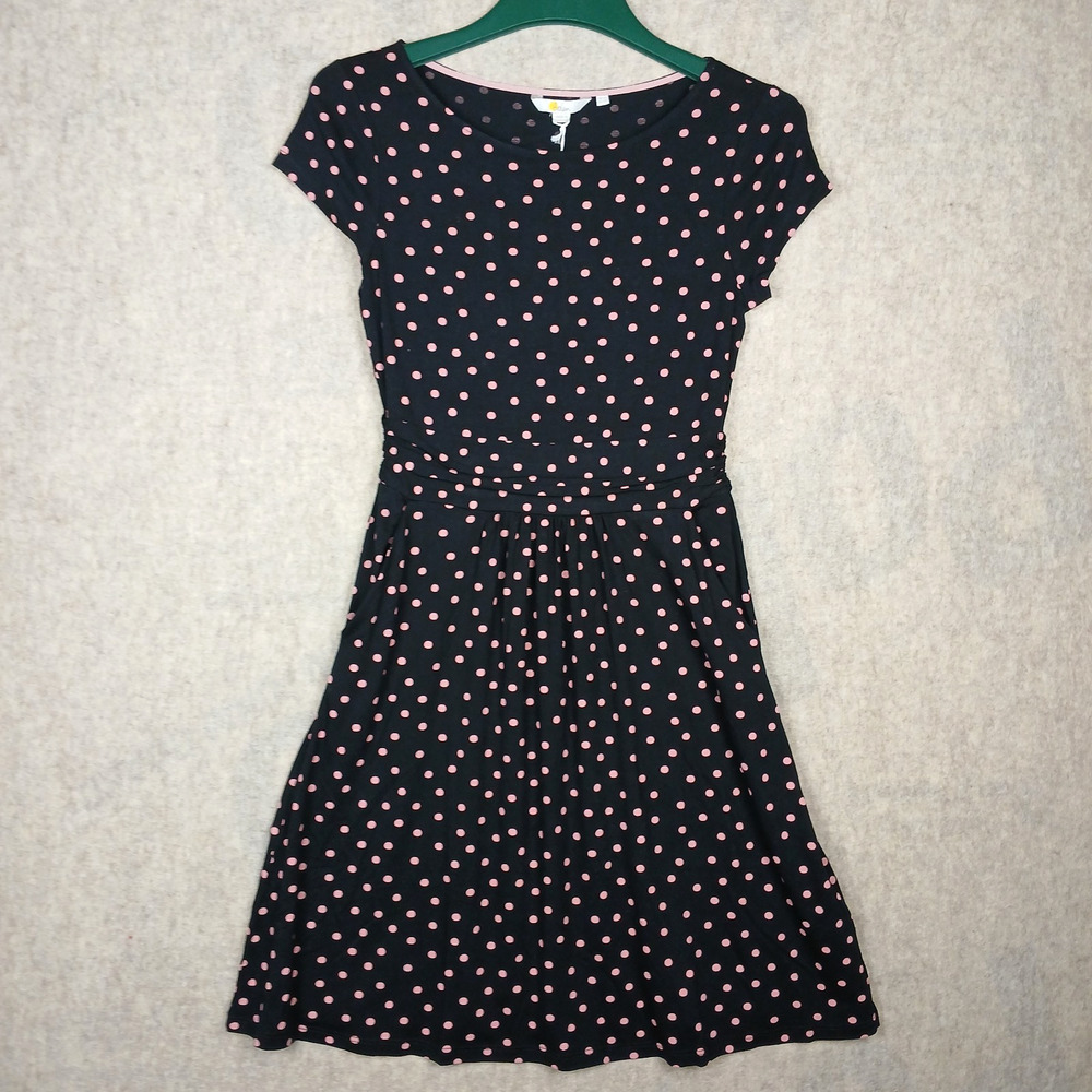 Boden Amelia Midi Dress Petite 2P Black Pink Polka Dot Jersey Cap Sleeve New